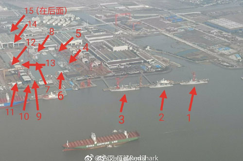 Photo reveals 15 destroyers, 1 aircraft carrier under construction in Chinese shipyard